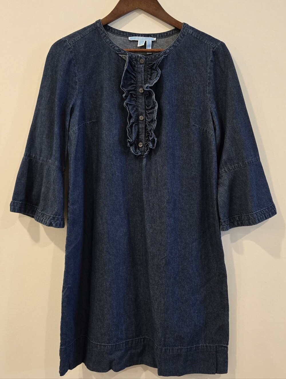 Draper & James denim ruffle front dress Sz 8 Cotton Casual Business Office Chic